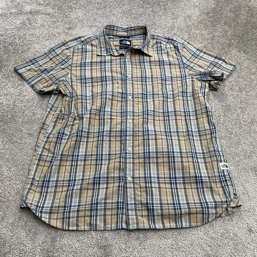 The North Face Plaid Shirt Mens XL Blue Brown Short Sleeve Casual Outdoor Top